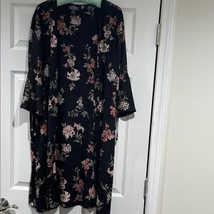 Angie Black Floral Kimono. Swimsuit Cover up. Open robe or Duster.